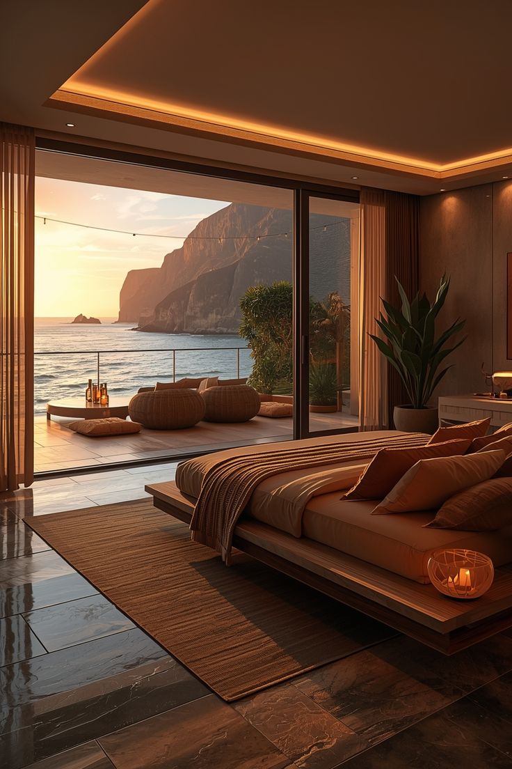 luxury bedroom with ocean view warm modern interior aesthetic